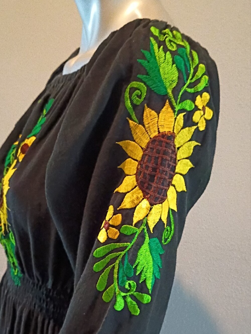 Sunflower Artisan-Embroidered Boho   Black Cotton Mini Dress Sz Med - Picture 8 of 12